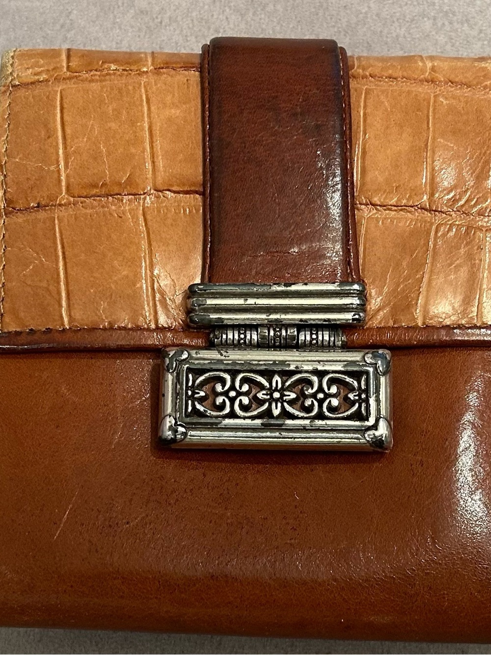 Brighton Two-Tone Cognac Brown Croc-Embossed Leather Wallet with Silver Hardware